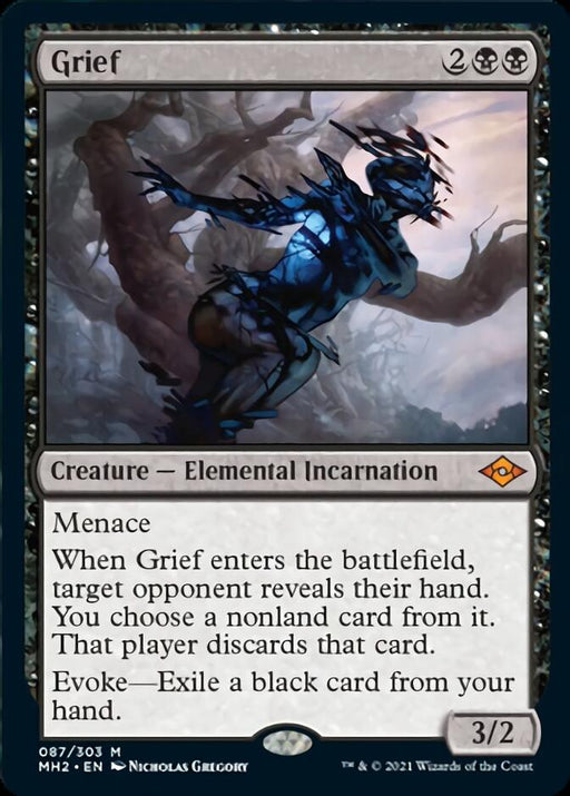 A Magic: The Gathering product from Magic: The Gathering named Grief [Modern Horizons 2]. The black-framed, Mythic Rarity card features a shadowy, spectral figure amid twisting branches. Costing 2 black and 2 generic mana, this 3/2 Elemental Incarnation has Menace and forces an opponent to reveal their hand and discard a card. Evoke cost: exiling a