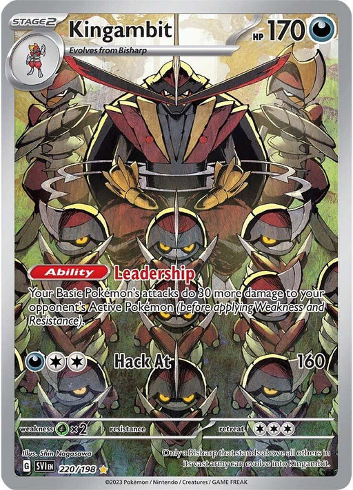A Kingambit (220/198) [Scarlet & Violet: Base Set] from Pokémon with a holographic design. Kingambit wields two large swords with a dark, fierce appearance. As a Secret Rare card, it has 170 HP and evolves from Bisharp. It details its abilities: "Leadership" and "Hack At." Various stats and game elements are displayed at the bottom.