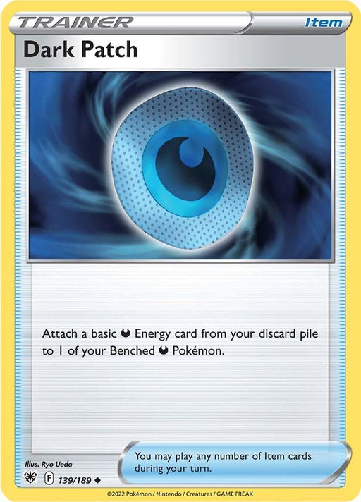 The image is a Pokémon product named "Dark Patch (139/189) [Sword & Shield: Astral Radiance]." It has the Trainer and Item designations at the top. The card features an illustration of a blue-and-black eye with a swirling background. The card number is 139/189, illustrated by Ryo Ueda.