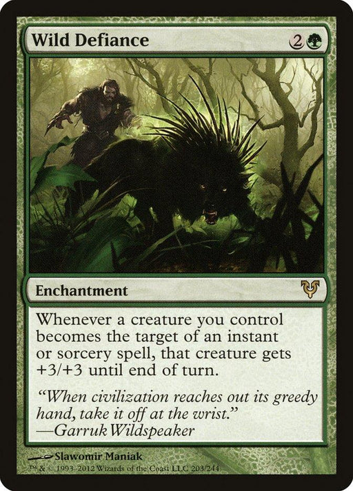 Magic: The Gathering card titled "Wild Defiance [Avacyn Restored]" is a Rare Enchantment of green color, costing 2G mana. The artwork from Avacyn Restored depicts a figure wielding a staff facing a spiky, shadowy beast in a forest. Text describes that targeted creatures gain +3/+3 until end of turn. Flavor text quotes Garruk Wildspeaker.