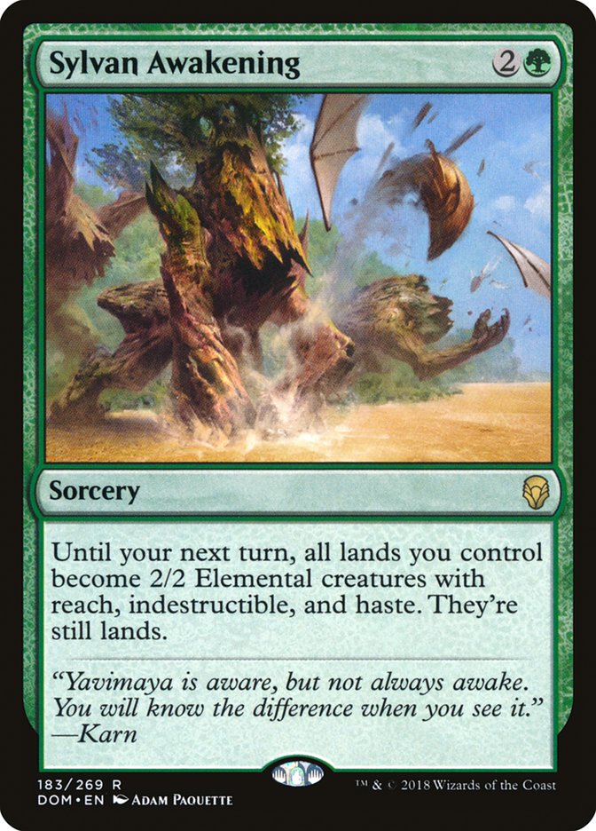 The Sylvan Awakening [Dominaria] Magic: The Gathering card, a rare sorcery from Dominaria, depicts a lush, ancient forest with towering trees coming to life as elemental creatures. Its text details turning lands into 2/2 creatures with reach, indestructible, and haste until your next turn and includes flavor text from Karn.