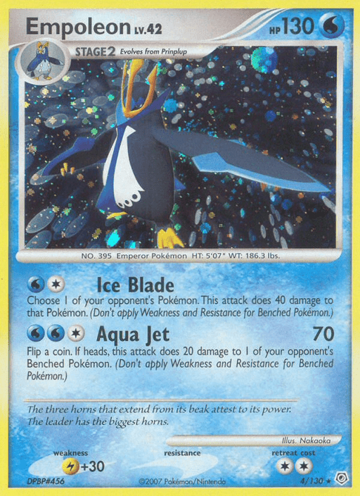 A Pokémon trading card from the Diamond & Pearl series featuring Empoleon. The card shows a stylized image of Empoleon, a blue and white penguin-like Pokémon with a trident-shaped crest on its head. It has 130 HP and is a Stage 2 Water type. Its moves are Ice Blade and Aqua Jet. The Holo Rare card is blue with holographic elements. The product name is Empoleon (4/130) [Diamond & Pearl: Base Set] by Pokémon.
