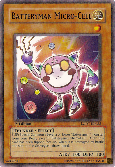 A Yu-Gi-Oh! trading card named "Batteryman Micro-Cell [LODT-EN032] Common." This Effect Monster, from the Light of Destruction series, features a light attribute creature that looks like a small mechanical battery with arms and legs, surrounded by electric sparks. It has 100 ATK, 100 DEF, and is a 1st Edition card.