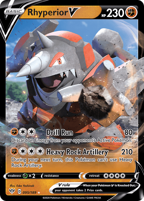 A Pokémon card from Sword & Shield: Darkness Ablaze featuring the Ultra Rare Rhyperior V (095/189) [Sword & Shield: Darkness Ablaze] with 230 HP. Illustrated by Eske Yoshinob, it depicts the fighting rhino-like rock Pokémon ready for battle in an explosive terrain. Its attacks are Drill Run (80) and Heavy Rock Artillery (210). Card number 095/189.