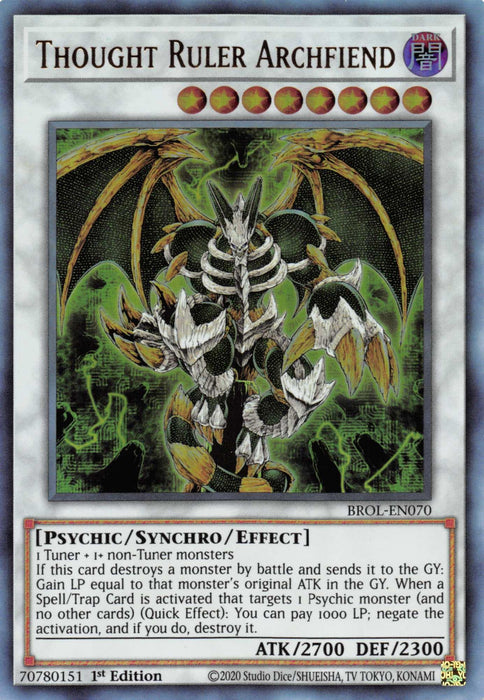 A Yu-Gi-Oh! card titled "Thought Ruler Archfiend [BROL-EN070] Ultra Rare." The Ultra Rare depicts a dark, imposing figure with a skeletal design, bat-like wings, and a glowing green aura. With an ATK of 2700 and DEF of 2300, this Psychic Synchro/Effect Monster from the Brothers of Legend set features specific synchromon and effect text.