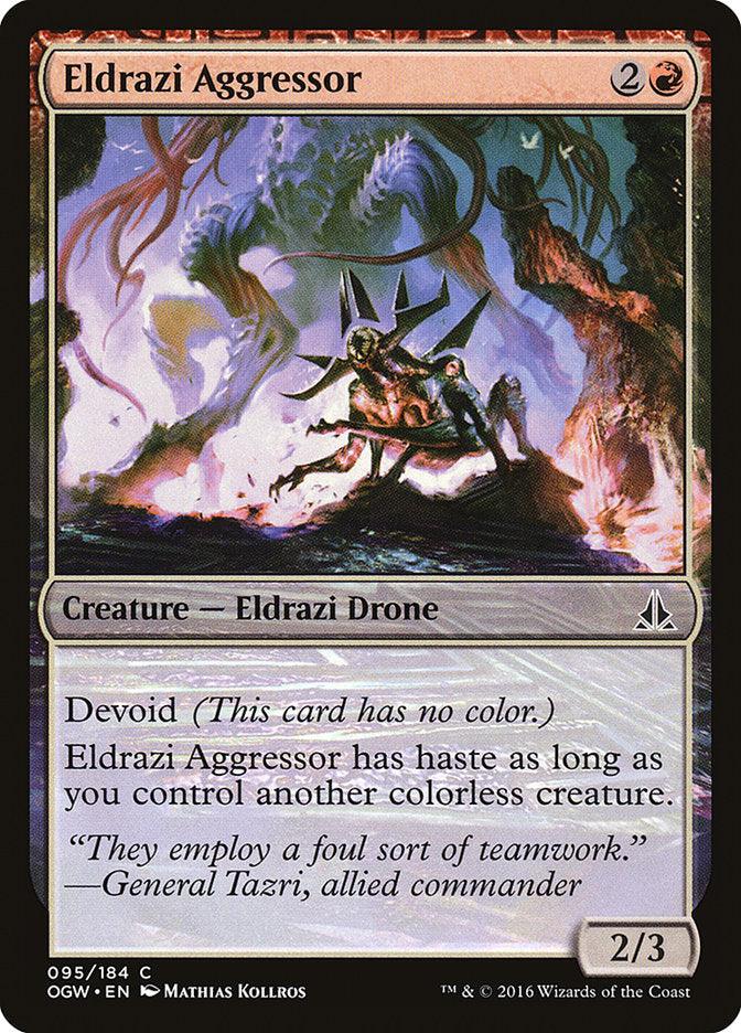 A Magic: The Gathering product named Eldrazi Aggressor [Oath of the Gatewatch]. The card has a black and purple background image of an ominous Eldrazi Drone. The text reads: 