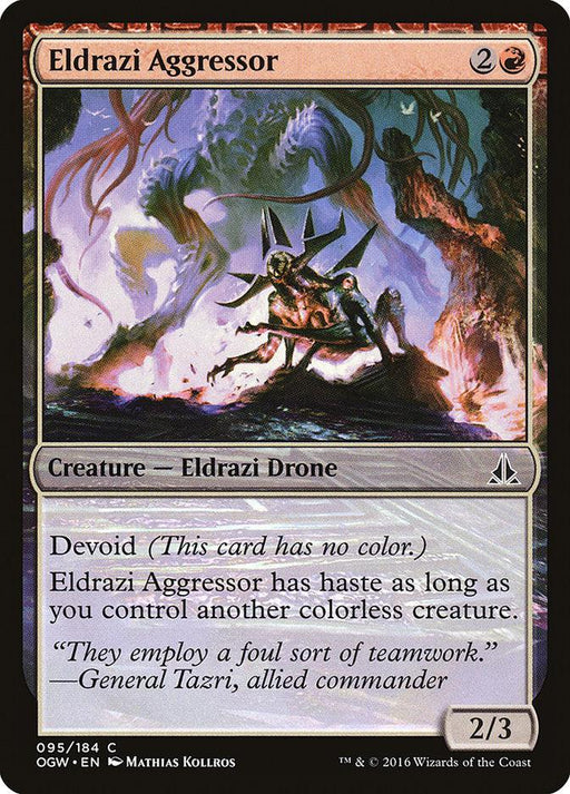 A Magic: The Gathering product named Eldrazi Aggressor [Oath of the Gatewatch]. The card has a black and purple background image of an ominous Eldrazi Drone. The text reads: "Devoid (This card has no color.) Eldrazi Aggressor has haste as long as you control another colorless creature. 2/3." Flavor text: "They employ a foul sort