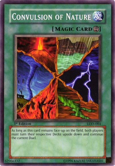 A Yu-Gi-Oh! card titled "Convulsion of Nature [LOD-084] Common" from the Legacy of Darkness set, featuring four divided landscapes: lava, mountains, forest, and water. This 1st Edition Continuous Spell Card (LOD-084) reads: "As long as this card remains face-up on the field, both players must turn their respective Decks upside down and continue the current Duel.