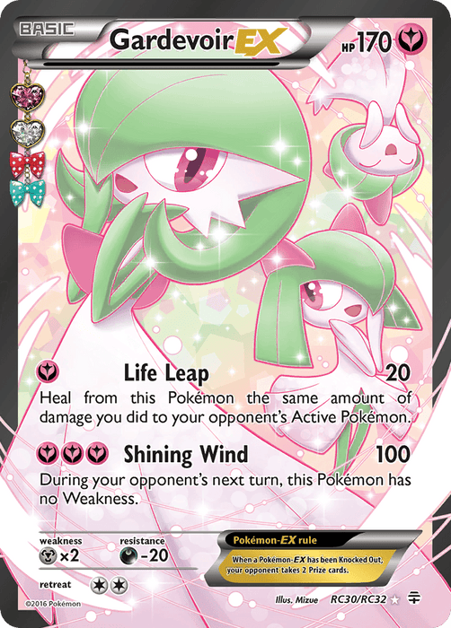A Pokémon trading card featuring Gardevoir EX (RC30/RC32) [XY: Generations] from the Pokémon series. Gardevoir is depicted in a mystical pose with flowing green hair and a flowing white dress, exuding a Fairy-like charm. The Ultra Rare card has 170 HP and includes two attacks: "Life Leap" and "Shining Wind," illustrated with vibrant colors and magical elements.