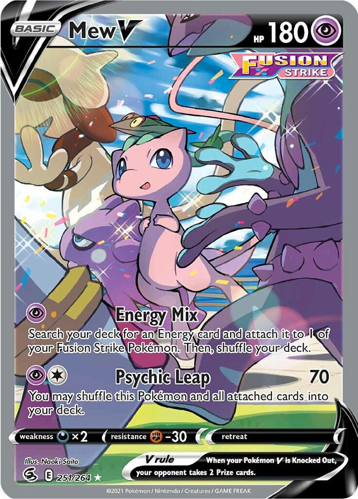 A Pokémon Trading Card from the Sword & Shield: Fusion Strike series featuring the Ultra Rare Mew V (251/264) with 180 HP. Mew is depicted floating with a playful expression and has two moves: Energy Mix and Psychic Leap, which deals 70 damage. The bottom section provides details such as weaknesses, resistance, retreat cost, and the artist's name.