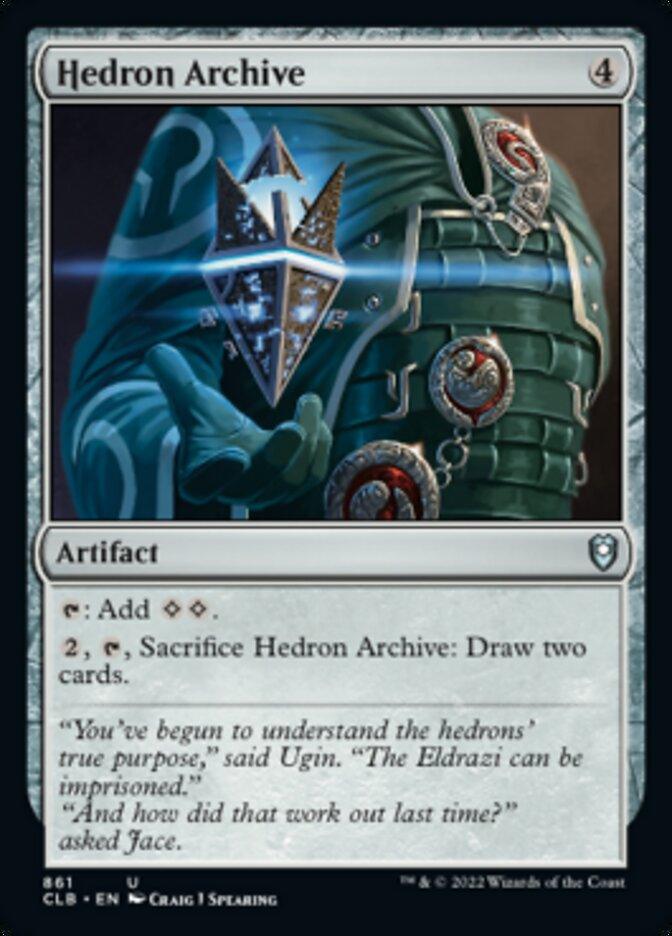 The Magic: The Gathering card "Hedron Archive" from the Commander Legends: Battle for Baldur's Gate set costs 4 colorless mana, can be tapped to add two colorless mana, and may be sacrificed for 2 mana to draw two cards. The artwork depicts a hooded figure holding a luminous, geometric hedron.