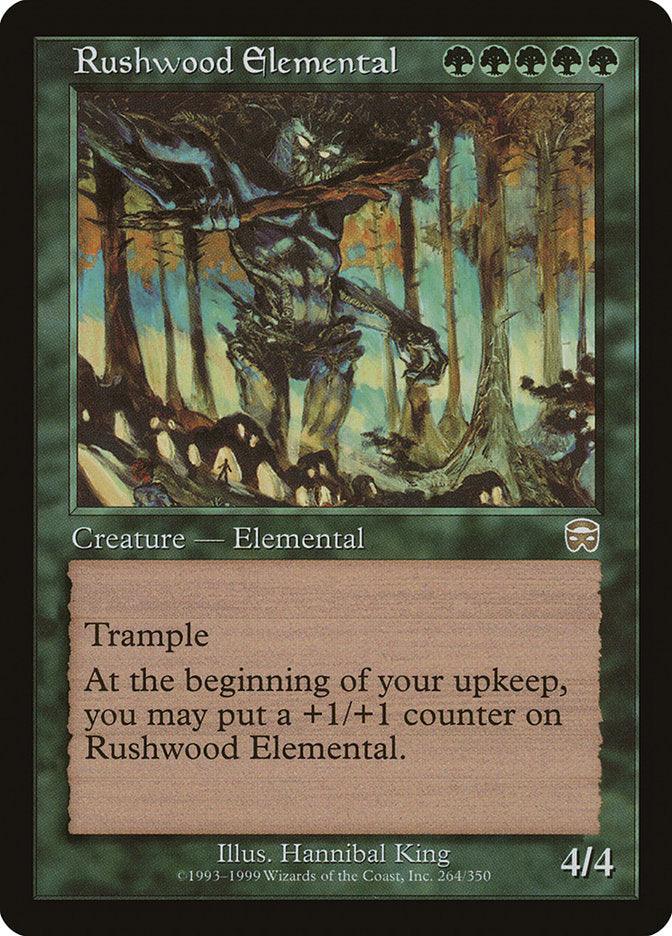 A Magic: The Gathering product named "Rushwood Elemental [Mercadian Masques]" with a green border. This rare creature depicts a mystical, tree-like being in a forest. It has "Trample" and gains a +1/+1 counter at the beginning of upkeep, starting with stats of 4/4.