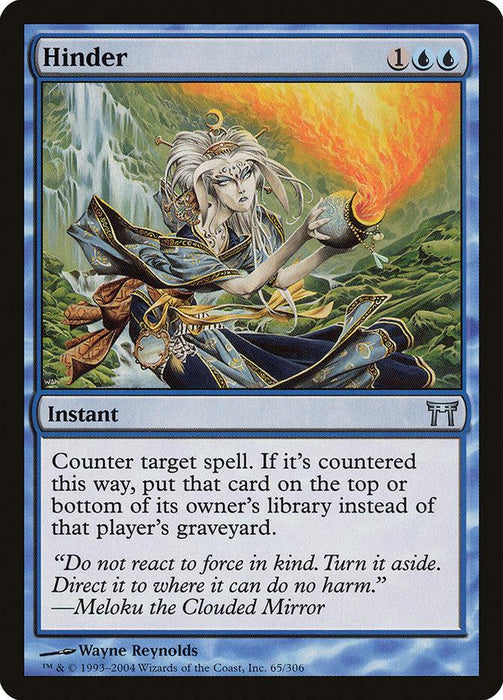 Magic: The Gathering card titled "Hinder [Champions of Kamigawa]." This uncommon instant depicts an elvish mage casting a glowing spell with one hand while holding a magic staff in the other. The text describes countering a target spell. Art by Wayne Reynolds, the card frame shows it belongs to the 2004 set, Champions of Kamigawa.