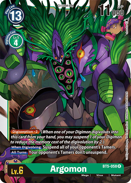 The image features a rare Digimon trading card titled "Argomon [BT5-058] [Battle of Omni]." This card showcases Argomon, a large, humanoid creature adorned with green and purple armor, leaf-like appendages, and glowing red eyes. Additionally, the card highlights Argomon's Digivolution requirements, abilities, and stats.