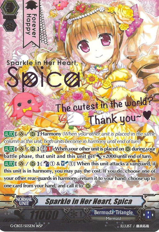 A colorful trading card depicts an anime-style girl named Sparkle in Her Heart, Spica (Wedding) (G-CB03/S05EN) [Blessing of Divas], part of the Bermuda Triangle clan, adorned in an elaborate yellow and pink outfit with floral patterns and a large pink bow. She is surrounded by a cute pink bird, with hearts and sparkles. Various game stats and abilities are listed at the bottom and sides. This card is from Bushiroad.