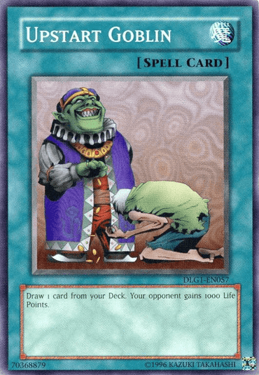 The product "Upstart Goblin [DLG1-EN057] Common" from the Yu-Gi-Oh! brand is a Normal Spell Card featured in the Dark Legends set. The artwork depicts a wealthy, smiling goblin giving a coin to a less fortunate goblin. The card's effect reads: "Draw 1 card from your Deck. Your opponent gains 1000 Life Points." It has a teal frame and is classified as Common rarity.