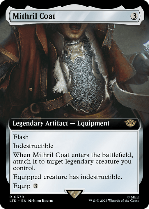 The image shows a Legendary Artifact card named "Mithril Coat (Extended Art) [The Lord of the Rings: Tales of Middle-Earth]" from the game Magic: The Gathering. The card, inspired by The Lord of the Rings, costs 3 mana and has "Flash" and "Indestructible." When it enters the battlefield, it attaches to a target legendary creature you control. Equipped creature has indestructible. Equip cost is