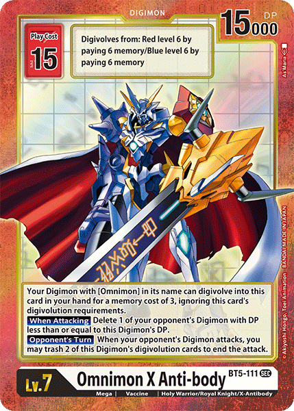 A Digimon trading card named "Omnimon X Anti-body [BT5-111] (Alternate Art) [Battle of Omni]" from the Digimon set. It has a red border and showcases a powerful, armored Digimon wielding a large, yellow sword. As a Secret Rare, it boasts 15000 DP and a play cost of 15. Text includes evolution requirements, abilities, and effects for gameplay. The card number is BT5-111.