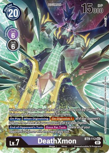 A trading card for "DeathXmon [BT9-112] (Alternate Art) [X Record]" from the Digimon series. It features a powerful, mechanical dragon-like Digimon with a dark, menacing appearance and glowing purple accents. The Digimon has large wings, sharp claws, and various cybernetic components. The Secret Rare card is labeled BT9-112 SEC.