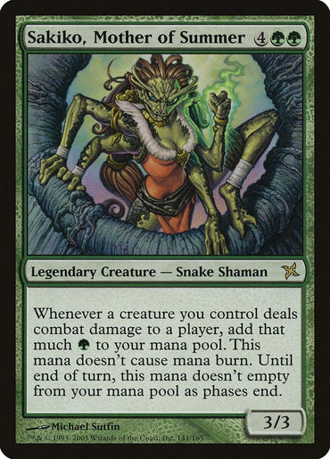 A Magic: The Gathering card from the Betrayers of Kamigawa set, "Sakiko, Mother of Summer," features a Legendary Creature Snake Shaman wielding a weapon. This green card costs 4 generic and 2 green mana, has 3/3 power/toughness, and can generate green mana upon dealing combat damage.