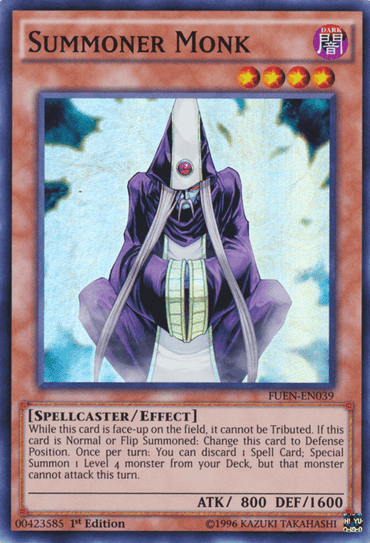 The image displays a Super Rare "Summoner Monk [FUEN-EN039]" card from Yu-Gi-Oh!, featuring an Effect Monster dressed in a hooded robe with a glowing gem on its chest. The monk is depicted sitting cross-legged, boasting 800 ATK and 1600 DEF. The text emphasizes its spellcaster effect and Special Summon abilities.