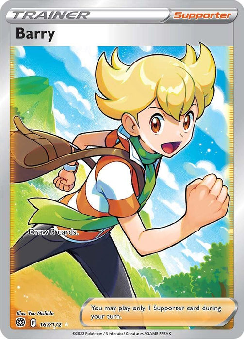 Barry, a character with blonde hair, a white and orange t-shirt, a green neckerchief, and brown shorts, is depicted running energetically with a smile on his face. He carries a brown bag over his shoulder. Text at the bottom of the Ultra Rare **Barry (167/172) [Sword & Shield: Brilliant Stars]** card from **Pokémon** reads "Draw 3 cards" and "You may play only 1 Supporter card during