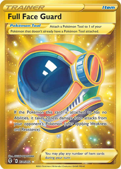 A Pokémon trading card from the Evolving Skies set features the "Full Face Guard (231/203) [Sword & Shield: Evolving Skies]" item. The card displays a colorful helmet with a shiny visor, set against a golden background. It notes this tool can be attached to a Pokémon without an existing tool, reducing damage from opponents' Pokémon. This Secret Rare card is illustrated by Ayumi Ogasawara.