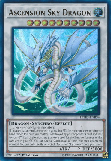 An image of the Yu-Gi-Oh! trading card, "Ascension Sky Dragon [LEHD-ENB34] Ultra Rare," showcases a majestic dragon with blue and white scales, large wings, and a glowing aura. The card details include a blue border, a dragon icon, and descriptive text explaining its summoning requirements and special abilities.