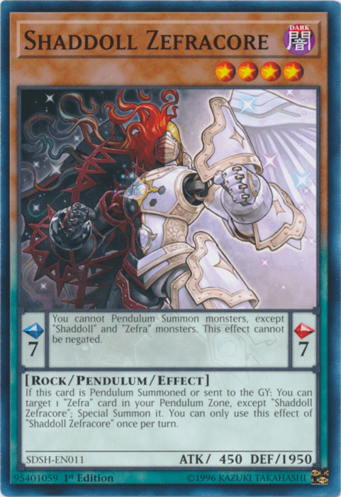 A "Yu-Gi-Oh!" card named "Shaddoll Zefracore [SDSH-EN011] Common" from the Structure Deck: Shaddoll Showdown features a dark, mechanical creature with red and black armor, extending a clawed hand. It has 450 ATK and 1950 DEF, is a Level 3 DARK Rock Pendulum/Effect Monster with Pendulum Scales of 7 on.