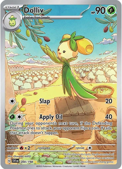 A Pokémon trading card featuring the Pokémon product Dolliv (200/198) [Scarlet & Violet: Base Set] from the brand Pokémon. The card background shows Dolliv standing on a wooden table with a serene countryside landscape, including mountains and a sunset, in the distance. Dolliv has abilities "Slap" (20 damage) and "Apply Oil" (40 damage), 90 HP, and evolves from Smoliv.