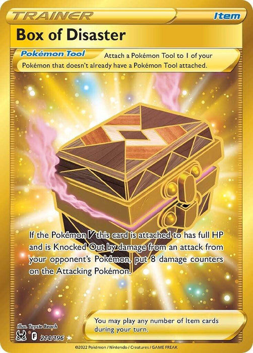 A Pokémon Trainer Item card titled "Box of Disaster (214/196) [Sword & Shield: Lost Origin]" by Pokémon. This Secret Rare features a detailed, ornate golden box with geometric patterns and a glowing aura. Its text details effects in the Pokémon game. The background is golden and sparkly, emphasizing the card's rarity and significance in Sword & Shield.