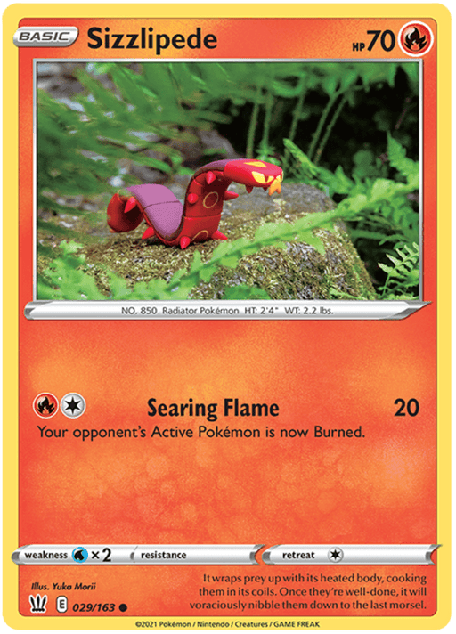 A Pokémon trading card from Sword & Shield: Battle Styles featuring Sizzlipede (029/163) [Sword & Shield: Battle Styles] by Pokémon, a common red caterpillar-like creature with yellow spots and a flat, segmented body. The card has 70 HP, and its attack, "Searing Flame," causes 20 damage and burns the opponent's active Pokémon. The fiery red background enhances its fire type.
