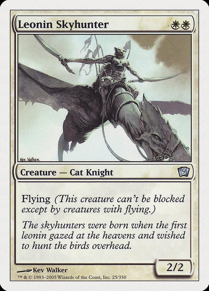 The Leonin Skyhunter card from the Ninth Edition of Magic: The Gathering features a majestic feline warrior with wings, soaring effortlessly. This white 