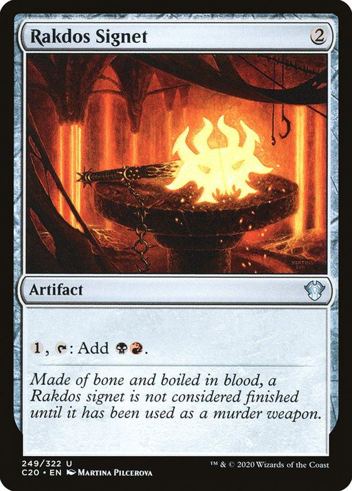 The image shows a Magic: The Gathering card named Rakdos Signet [Commander 2020] from Commander 2020. It depicts a fiery, ritualistic scene with a flaming symbol of Rakdos. The card is an artifact costing 2 mana, and its ability lets it add black and red mana to the pool, described as a tool used in violent rituals.