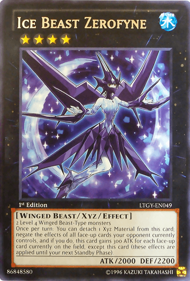 The image depicts a Yu-Gi-Oh! trading card named "Ice Beast Zerofyne" [LTGY-EN049], classified as a Rare Xyz/Effect Monster from the Lord of the Tachyon Galaxy collection. This Winged Beast-Type monster, adorned with icy spikes, is a 1st Edition Level 4 card with an ATK of 2000 and DEF of 2200.