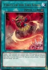 The image shows a "Circle of the Fire Kings [MAGO-EN149] Rare" Quick-Play Spell Card from Yu-Gi-Oh!, depicting a fiery bird symbolizing an indomitable FIRE monster ascending from flames. The swirling red and orange background contrasts beautifully with the turquoise border, while the text area describes its effect.