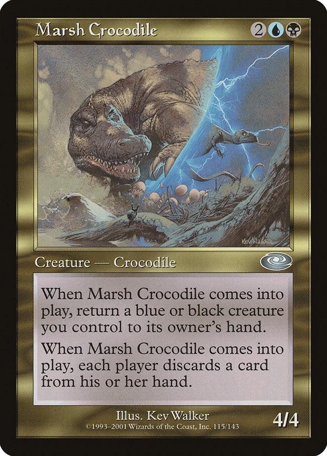 A Magic: The Gathering product named "Marsh Crocodile [Planeshift]" from the Planeshift set. This uncommon creature costs 2 blue and black mana, has power/toughness 4/4, and is a Creature - Crocodile. Its abilities return a blue or black creature to its owner's hand and force each player to discard a card. Art depicts a large crocodile in a