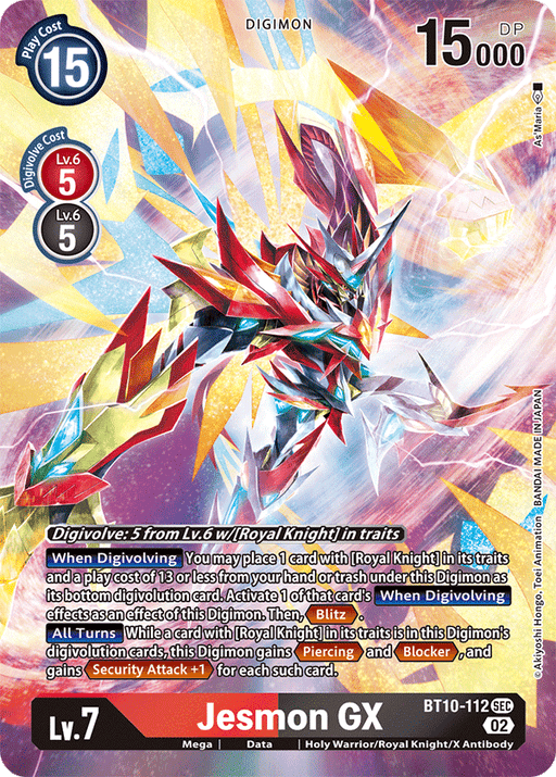 A Secret Rare Digimon card for "Jesmon GX [BT10-112] (Alternate Art) [Xros Encounter]" features vibrant, angular, and colorful artwork of the Royal Knight in an action pose. The card text details its Digivolution Cost, DP value, and abilities, with a card number of BT10-112. The background contains a swirling mix of blue, red, and yellow abstract patterns.
