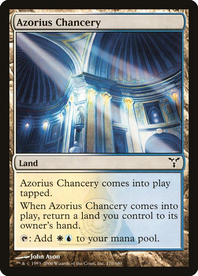 A Magic: The Gathering product titled "Azorius Chancery [Dissension]." This Land card features ornate architecture with columns and glowing lights in the artwork. The frame is bordered in black with a blue section at the bottom detailing the card's abilities and effects.