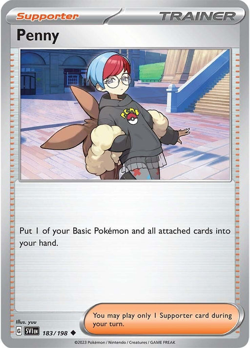 The Pokémon card Penny (183/198) from the Scarlet & Violet: Base Set features a character named Penny with short red and blue hair, glasses, and a grey hoodie with a Poké Ball design. An Eevee is wrapped around her. This Supporter-type card allows the player to put 1 Basic Pokémon and all attached cards into their hand.