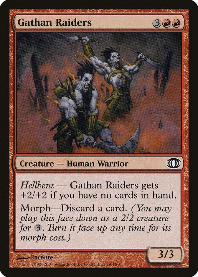 The image features the "Gathan Raiders" card from Magic: The Gathering's Future Sight series. Depicting two intense warriors brandishing weapons in a blazing setting, the card details include a cost of 3 red mana and a power/toughness rating of 3/3.