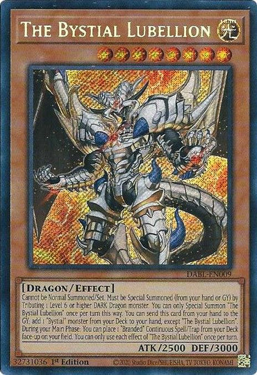 A Yu-Gi-Oh! trading card titled "The Bystial Lubellion [DABL-EN009] Secret Rare." The card's artwork features a dragon with silver and blue armor, surrounded by vibrant, fiery patterns. From the "DAWN" series and part of Darkwing Blast, it’s a Secret Rare with ATK/2500 and DEF/3000. The text details its special summoning effects.