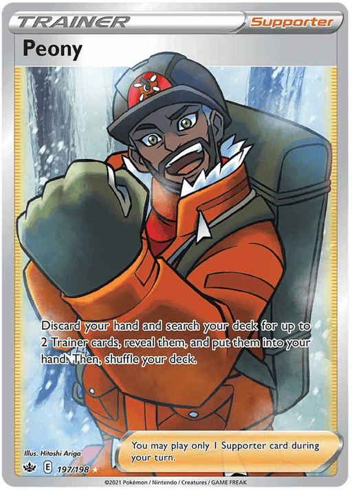 An Ultra Rare Pokémon Trainer card featuring Peony, a muscular man with dark skin, a gray beard, and glasses. He wears a winter hat with a Poké Ball symbol, an orange coat, green gloves, and a backpack. His right arm is raised in a fist. The card's border is silver and orange from the Sword & Shield Chilling Reign series. The product name is Peony (197/198) [Sword & Shield: Chilling Reign], by Pokémon.