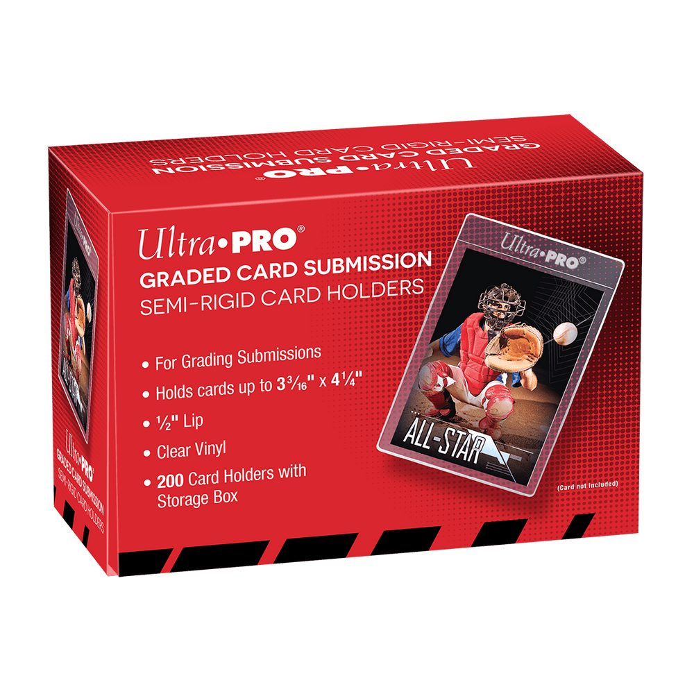 The Ultra PRO: Lip Tall Sleeves - Semi-Rigid (1/2" - 200ct) is a red box of 200 graded card holders perfect for gaming and grading submissions. It accommodates cards up to 3 3/16" x 4 1/4", with a clear vinyl finish, featuring baseball card imagery on the packaging.