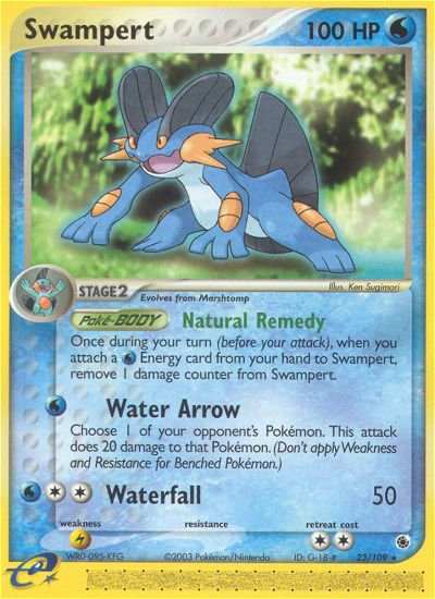 The Swampert card (23/109) from the Pokémon EX: Ruby & Sapphire series highlights the blue, bipedal creature with orange cheek patches, large fins, and a powerful build. As a Water type with 100 HP, it features moves such as 