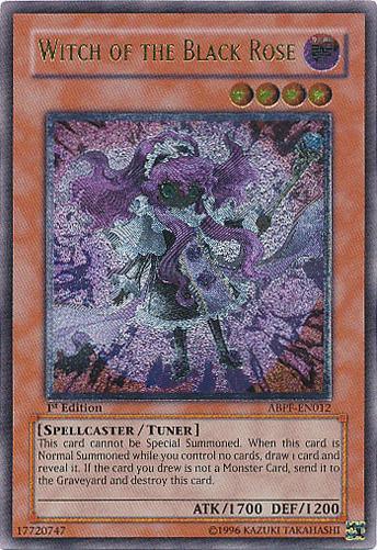 A Yu-Gi-Oh! card titled "Witch of the Black Rose [ABPF-EN012] Ultimate Rare" from the Absolute Powerforce set. This Ultimate Rare 1st Edition Tuner Monster features a female spellcaster with purple hair, dressed in a dark outfit adorned with roses. With 1700 ATK and 1200 DEF, its card text details special summoning and drawing card conditions.