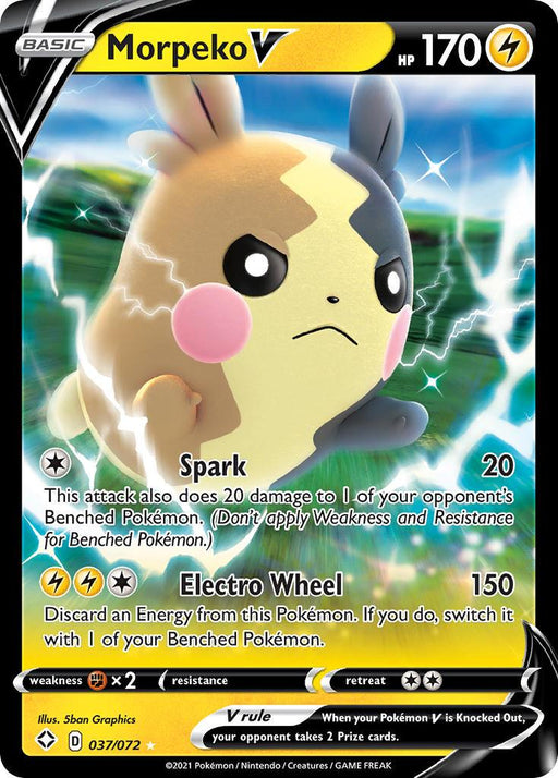 A Pokémon trading card featuring Morpeko V (037/072) [Sword & Shield: Shining Fates]. The yellow and brown electric rodent has a distressed expression, surrounded by lightning. Its attacks are "Spark" and "Electro Wheel." With 170 HP and special attributes, this Ultra Rare card is illustrated by 037/072.