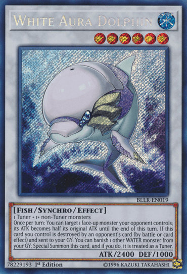 Image of the "White Aura Dolphin [BLLR-EN019] Secret Rare" Yu-Gi-Oh! card. The Secret Rare card features an ethereal, glowing dolphin with a pearl-like orb in its chest, surrounded by ripples of white and blue energy. It's a Synchro/Effect Monster with 2400 ATK and 1000 DEF. Card text and stats are visible.