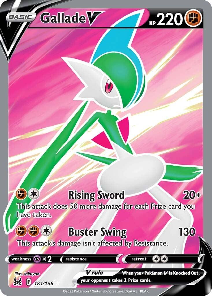 A Pokémon trading card featuring Gallade V (181/196) [Sword & Shield: Lost Origin] from the Pokémon series. This Ultra Rare card showcases Gallade, a white and green humanoid Pokémon with blades on its elbows, in a dynamic pose. Key details: 220 HP, two attacks (Rising Sword and Buster Swing), and card number 181/196. The background is pink with white accents.
