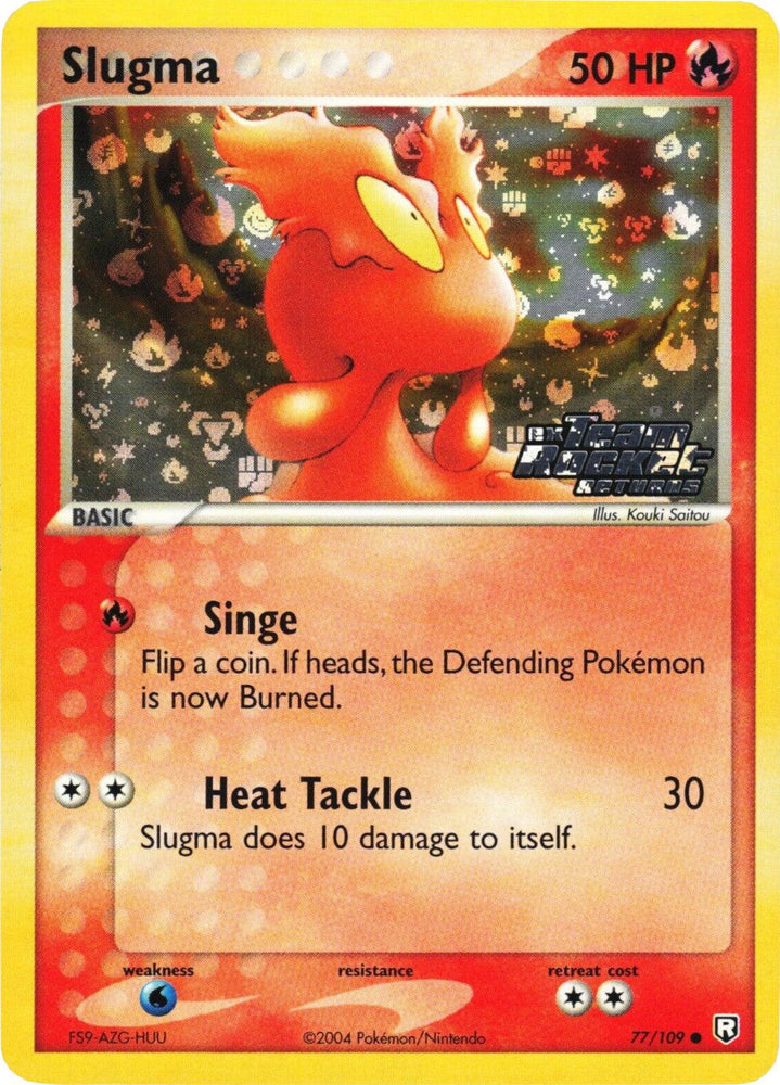 The image depicts a Slugma Pokémon card from the EX: Team Rocket Returns set. This Fire-type Basic Pokémon has 50 HP and includes attacks such as Singe and Heat Tackle. The fiery background artwork is by illustrator Kouki Saitou, and the card is numbered 77/109.